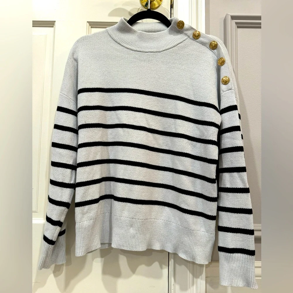 Nicole Miller Black and White Striped Sweater with Gold Buttons - Size Medium